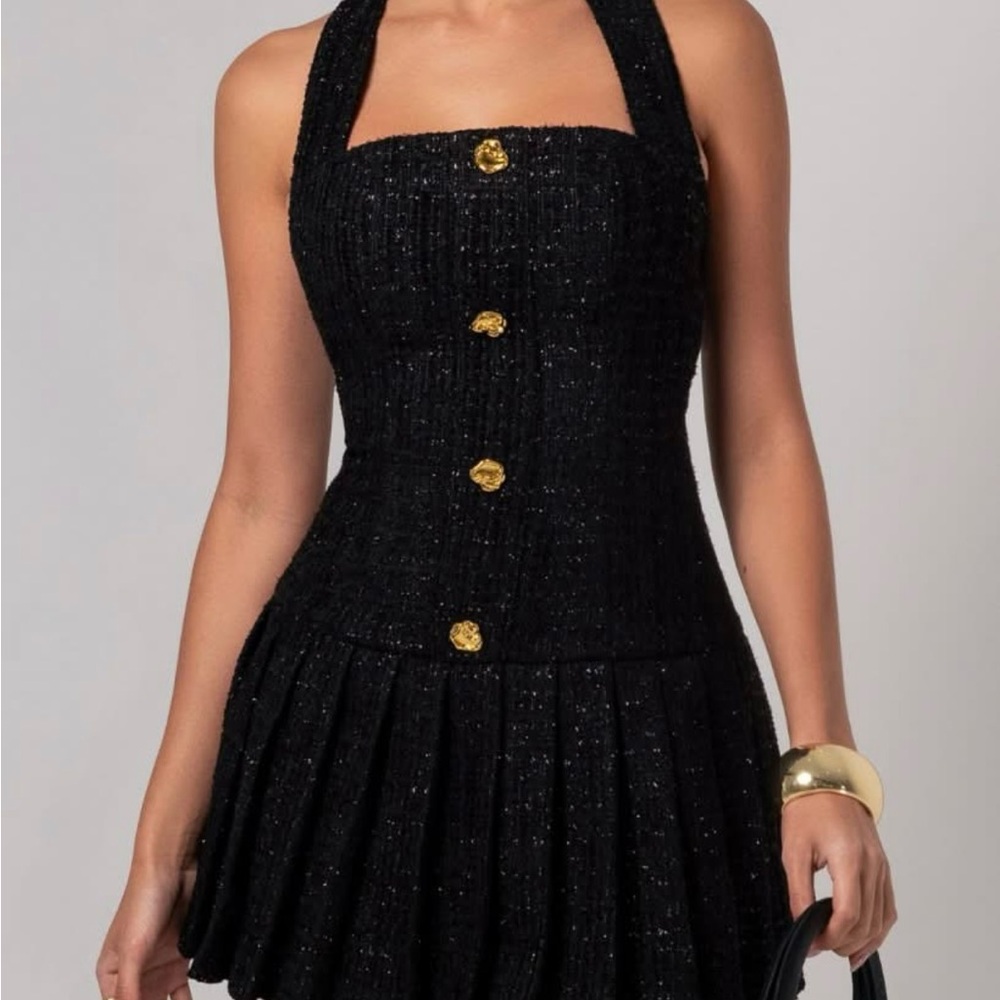 BLACK TWEED FLARE MINI DRESS